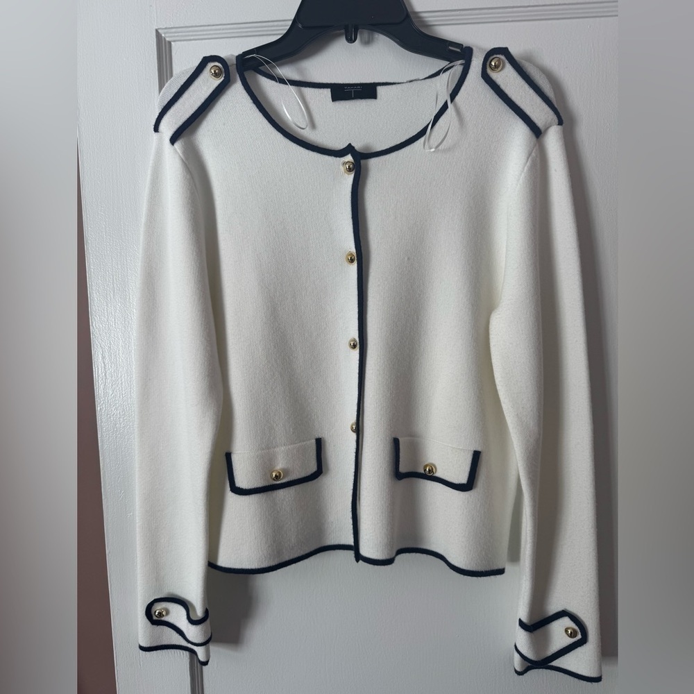T Tahari Women's Cardigan Contrast Trim Button-Front Cardigan - Picture 2 of 14